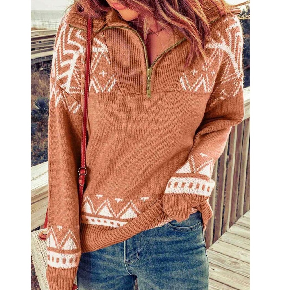 Nordic White Print on Coral Pink Thick Knit Pullover Sweater Zip Collar - Picture 4 of 8